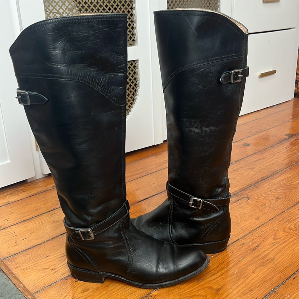 Frye black leather riding boot.